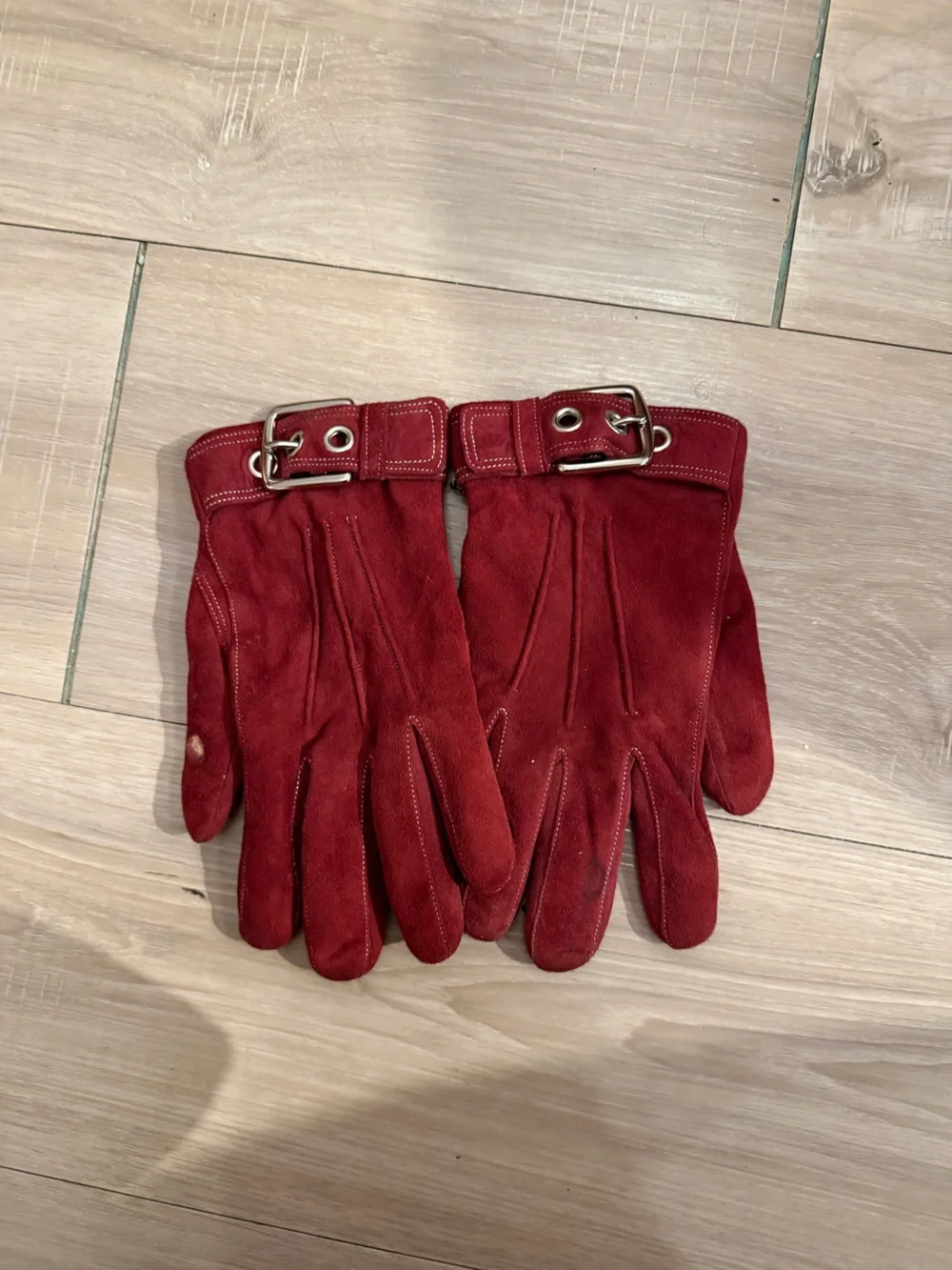 Vintage Coach Red Suede and Cashmere Gloves with Silver Buckle